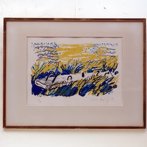 52  x 61 Vintage 1960s LITHOGRAPHY Signed Print Handmade Scandinavian Art 80s 70s Home Decor