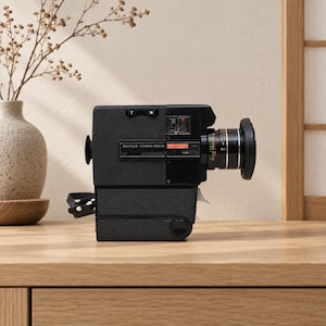 Op de afbeelding: Een zwarte Sankyo Macro-Focus filmcamera met een prominente lens, een zoomschakelaar met de letters T en W, en een textuur op de handgreep. De camerabehuizing bevat een kleine rode accentstrip en diverse handmatige focusmarkeringen.