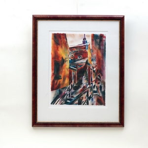 52 x 43 Vintage 90&#39;s Signed John Rosshagen LITHOGRAPHY City Scandinavian Art 80s 70s Home Decor
