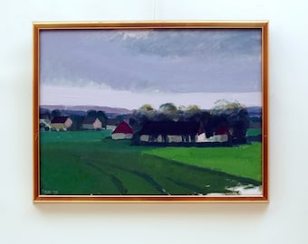 Gesigneerd olieverfschilderij vintage 1975: Scandinavische landschapskunst