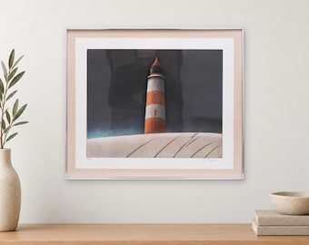 Lighthouse Lithograph by Bo Cronqvist Swedish Coastal Landscape with Dark Sky (56x66 cm)