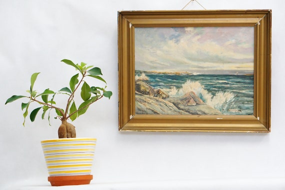 ビンテージ スウェーデンの海辺の油絵: Sten Sture Sandgren 風景