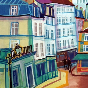 May include: A watercolor painting of a street scene in a European city. The buildings are painted in shades of blue, yellow, green, and red. There are shops on the ground floor with signs that read "Coiffeur Epicerie", "Vins", and "Merce". Two people are walking down the street.