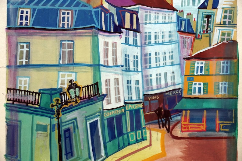 May include: A watercolor painting of a street scene in a European city. The buildings are painted in shades of blue, yellow, green, and red. There are shops on the ground floor with signs that read "Coiffeur Epicerie", "Vins", and "Merce". Two people are walking down the street.