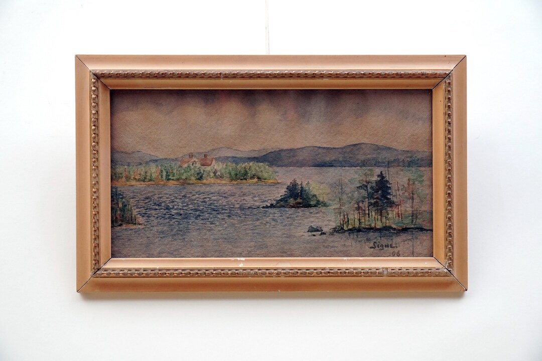 Vintage Scandinavian Landscape Watercolor Painting, Signed 1906