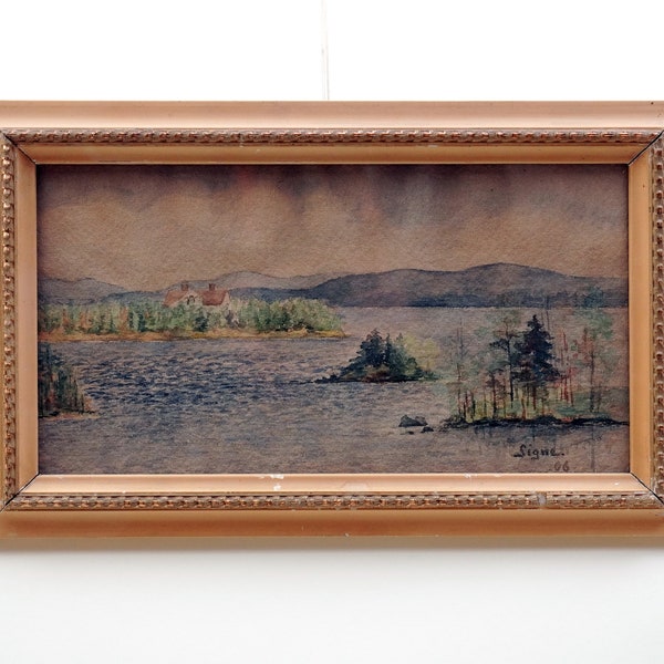 21 x 34  Old 1900's Signed WATERCOLOR on PAPER Painting Landscape Motif 70s 80s Scandinavian Art