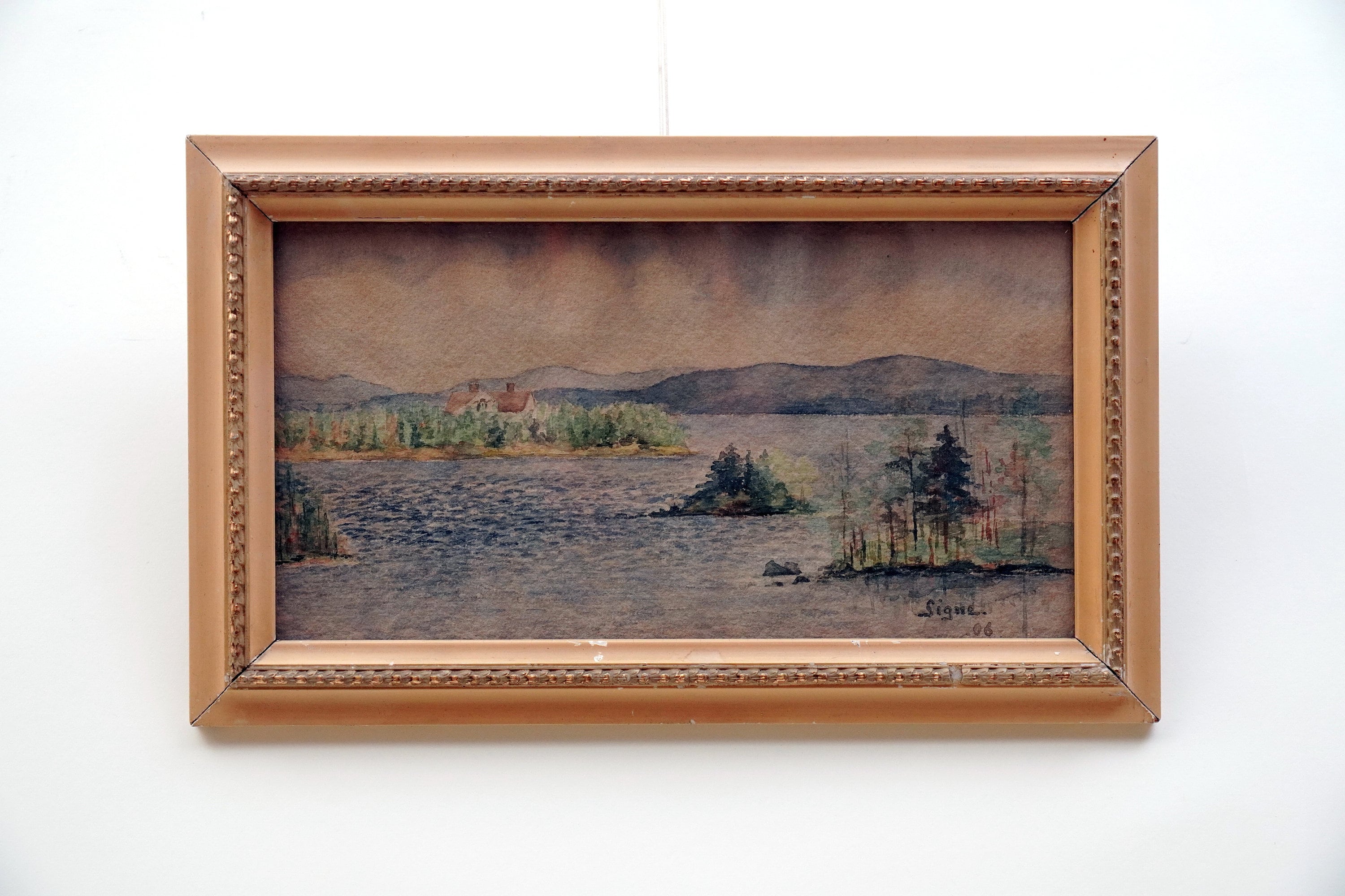 Vintage Scandinavian Landscape Watercolor Painting, Signed 1906