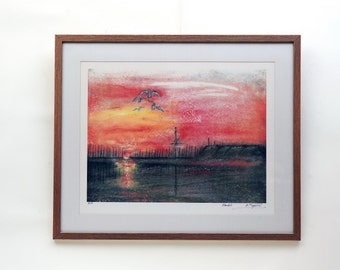 オリジナルのアンティークセリグラフ、夜景、署名入り、1920年代