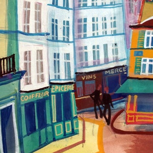 May include: A watercolor painting of a street scene in a European city. The buildings are painted in shades of yellow, white, and blue. There are shops on the street level, including a "Coiffeur", "Epicerie", "Vins", and "Merce". Two people are walking down the street.