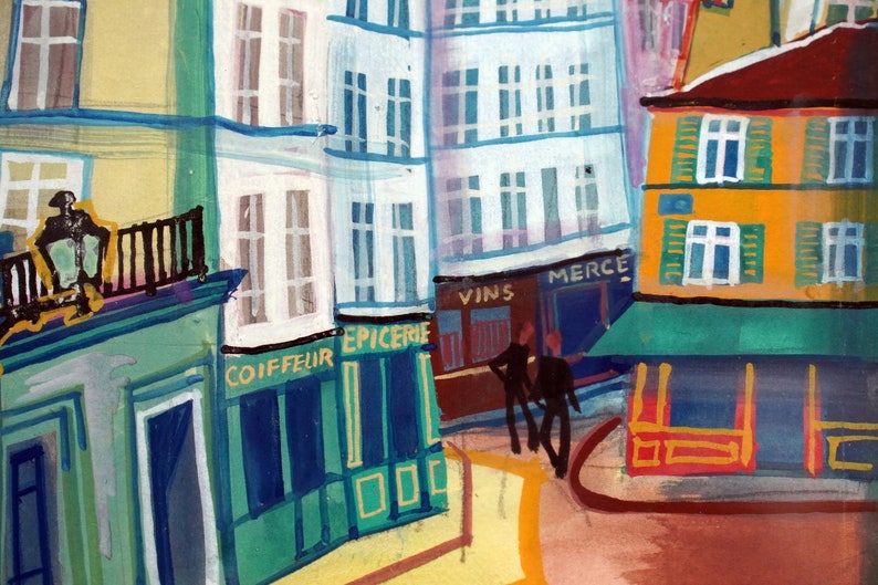 May include: A watercolor painting of a street scene in a European city. The buildings are painted in shades of yellow, white, and blue. There are shops on the street level, including a "Coiffeur", "Epicerie", "Vins", and "Merce". Two people are walking down the street.