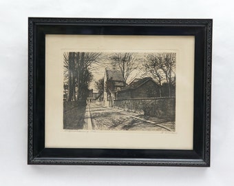 46X57 ETCHING by H. ELLITON Scandinavian Mid Century Vintage 20s Wall Hanging Art Signed in Frame