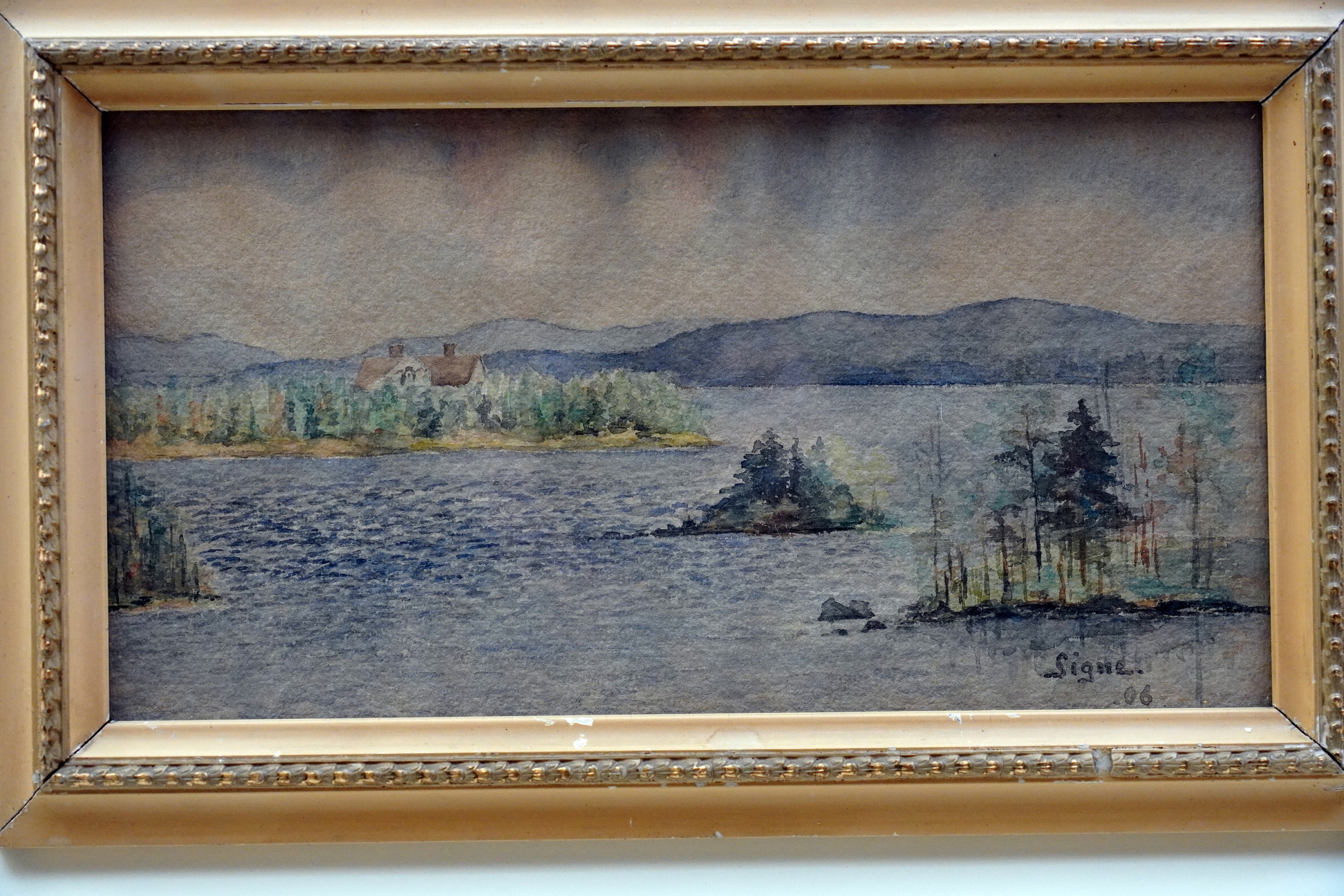 Vintage Scandinavian Landscape Watercolor Painting, Signed 1906