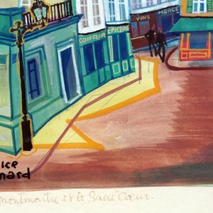 May include: A watercolor painting of a street scene in a European city. The painting features a corner building with a green facade and a sign that reads "Coiffeur." There are other buildings in the background, and the street is paved with cobblestones. The painting is signed "Maurice Blanchard" in the lower left corner. The text "Le Vieux Montmartre et le Sacr&eacute; Coeur" is written in cursive at the bottom of the painting.