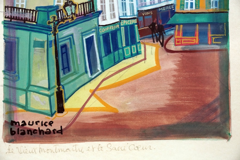 May include: A watercolor painting of a street scene in a European city. The painting features a corner building with a green facade and a sign that reads "Coiffeur." There are other buildings in the background, and the street is paved with cobblestones. The painting is signed "Maurice Blanchard" in the lower left corner. The text "Le Vieux Montmartre et le Sacr&eacute; Coeur" is written in cursive at the bottom of the painting.