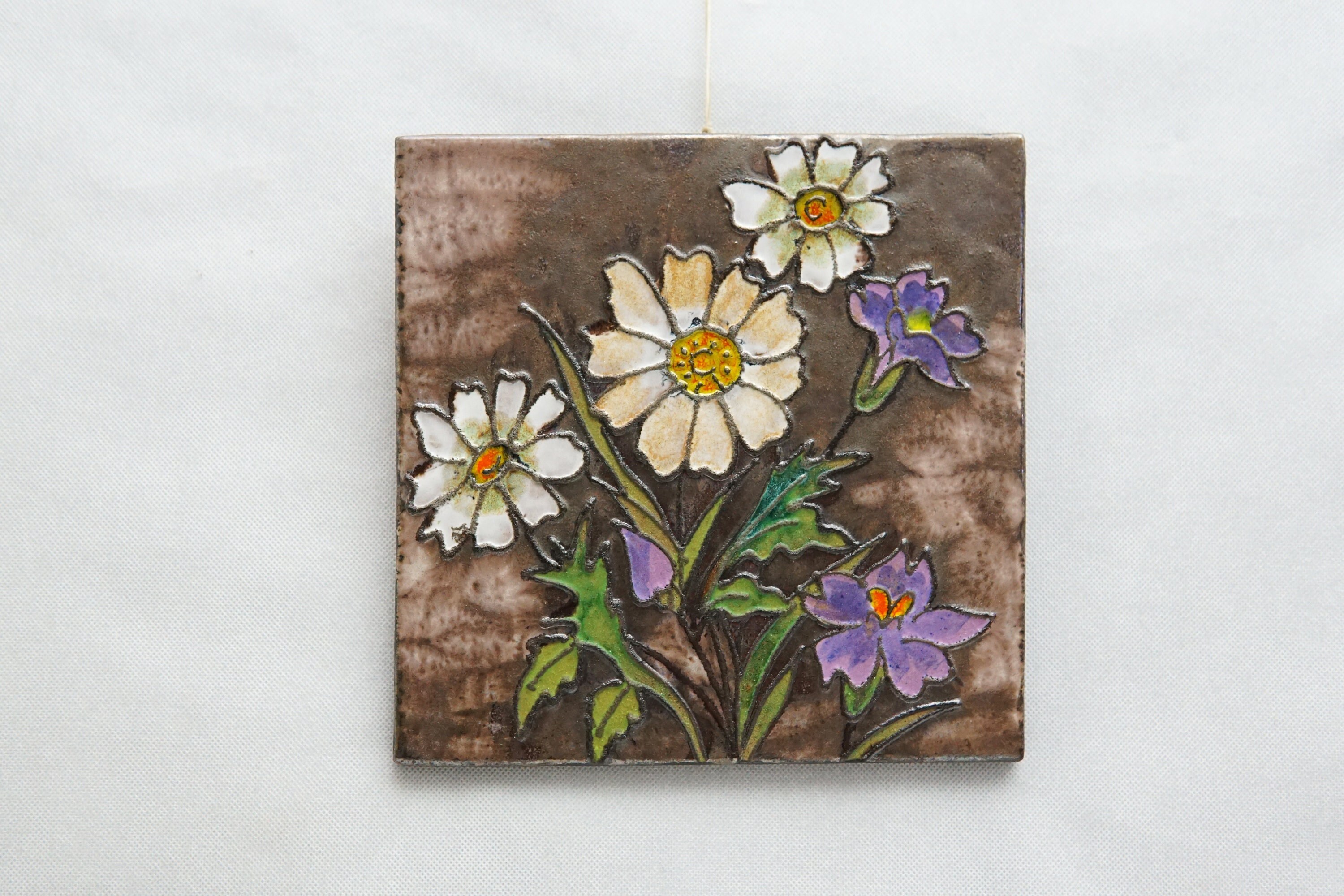 Vintage Swedish Floral Ceramic Tile Wall Hanging - 1950s/60s Decor (23x23)