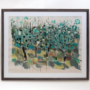 58 x 65  Vintage 1974 Signed LITHOGRAPHY Landscape Motif Scandinavian Art 80s 70s Home Decor