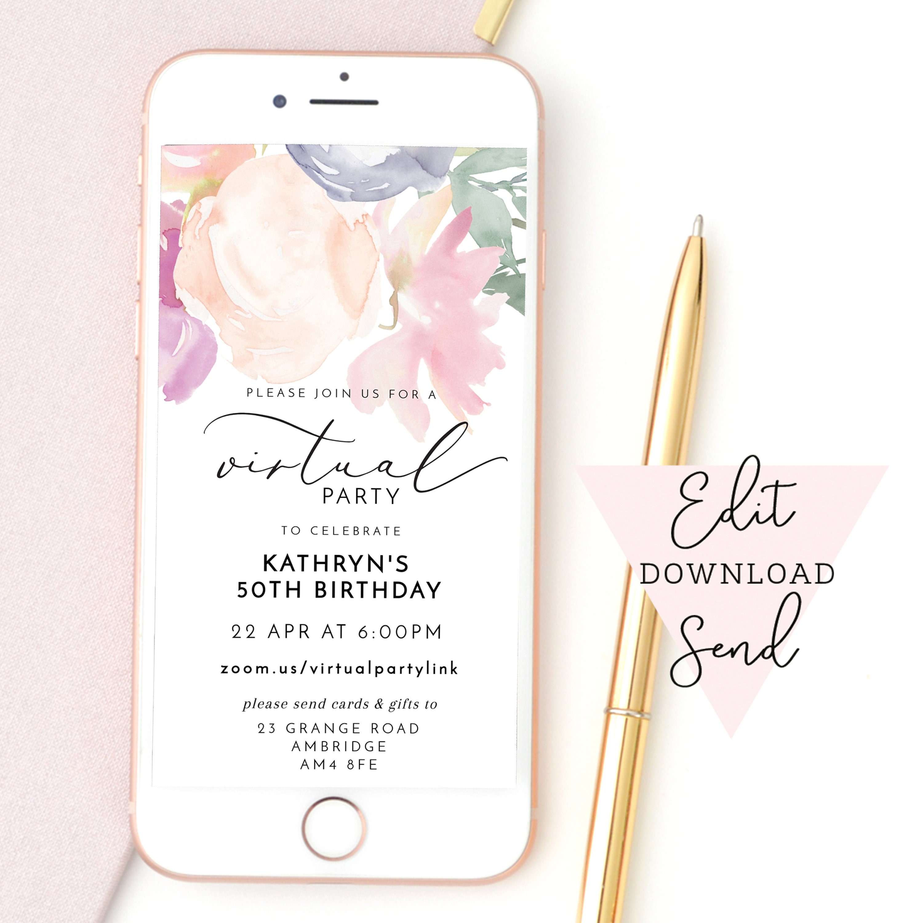 Virtual Birthday Anniversary Party Editable Electronic Smart Phone WhatsApp Email Invitation Pink Watercolour Roses