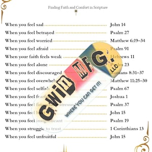 May include: A decorative poster with the text "Scripture for Every Feeling" and a list of Bible verses for various emotions. The poster includes a colorful graphic with the text "GWID MFG LLC".