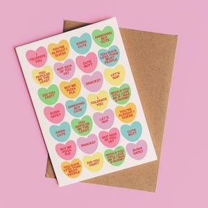 Sarcastische snoepgesprek Harten Valentijnsdag/verjaardagskaart | Woordspelingkaart, grappige kaart voor vriend, vriendin, echtgenoot, vrouw