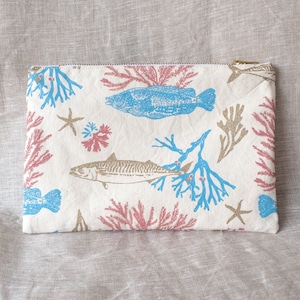 Women pouch ecru cotton linen fabric hand printed fish pattern sea ocean colourful pastel print gold blue pink seabed case kit beach travel