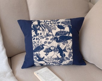 Big rectangle cushion in blue cotton canvas hand printed with decorative seabirds pattern puffin gulls sea pattern home living bedroom deco