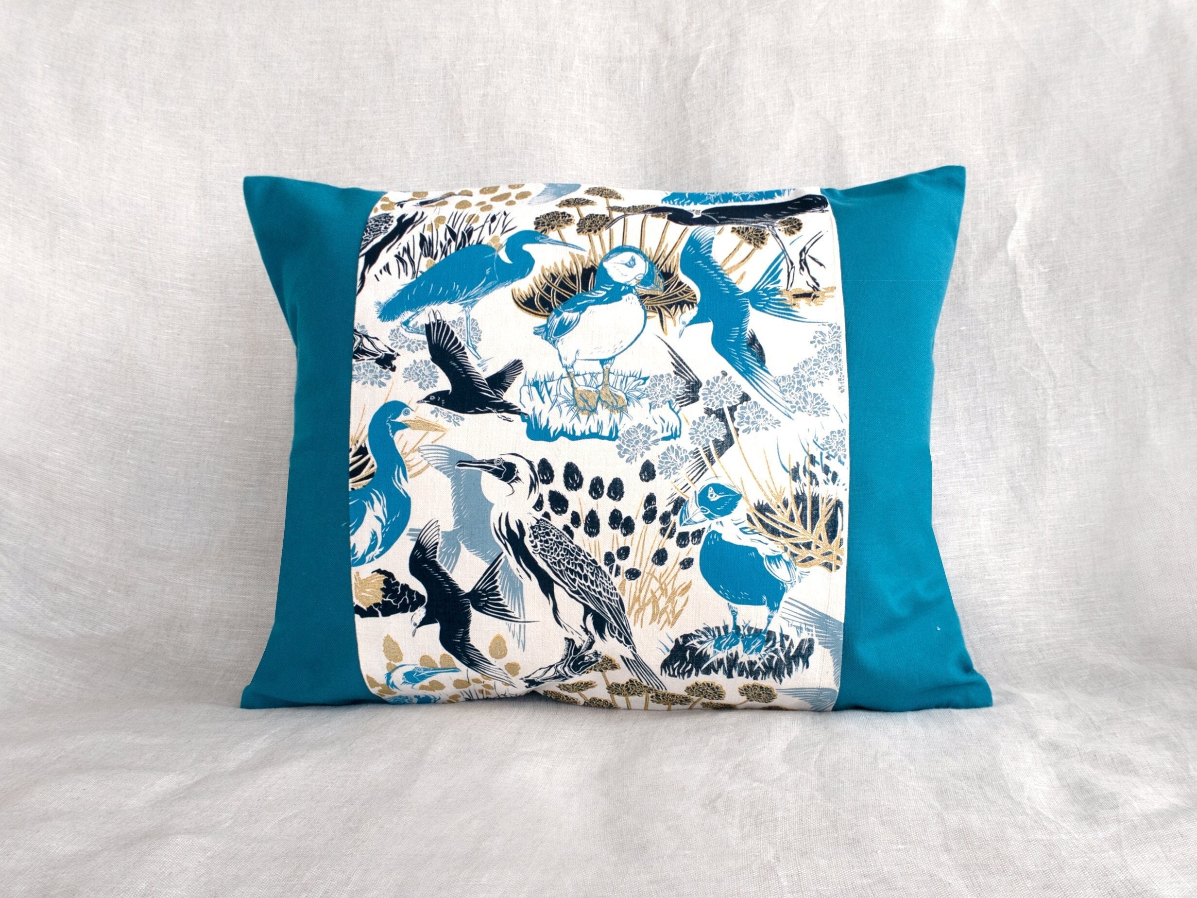 Grand Coussin Coton Lin Bleu Canard Imprimé Main Grand Rectangle Motif Oiseaux Océan Mer Macareux Mo
