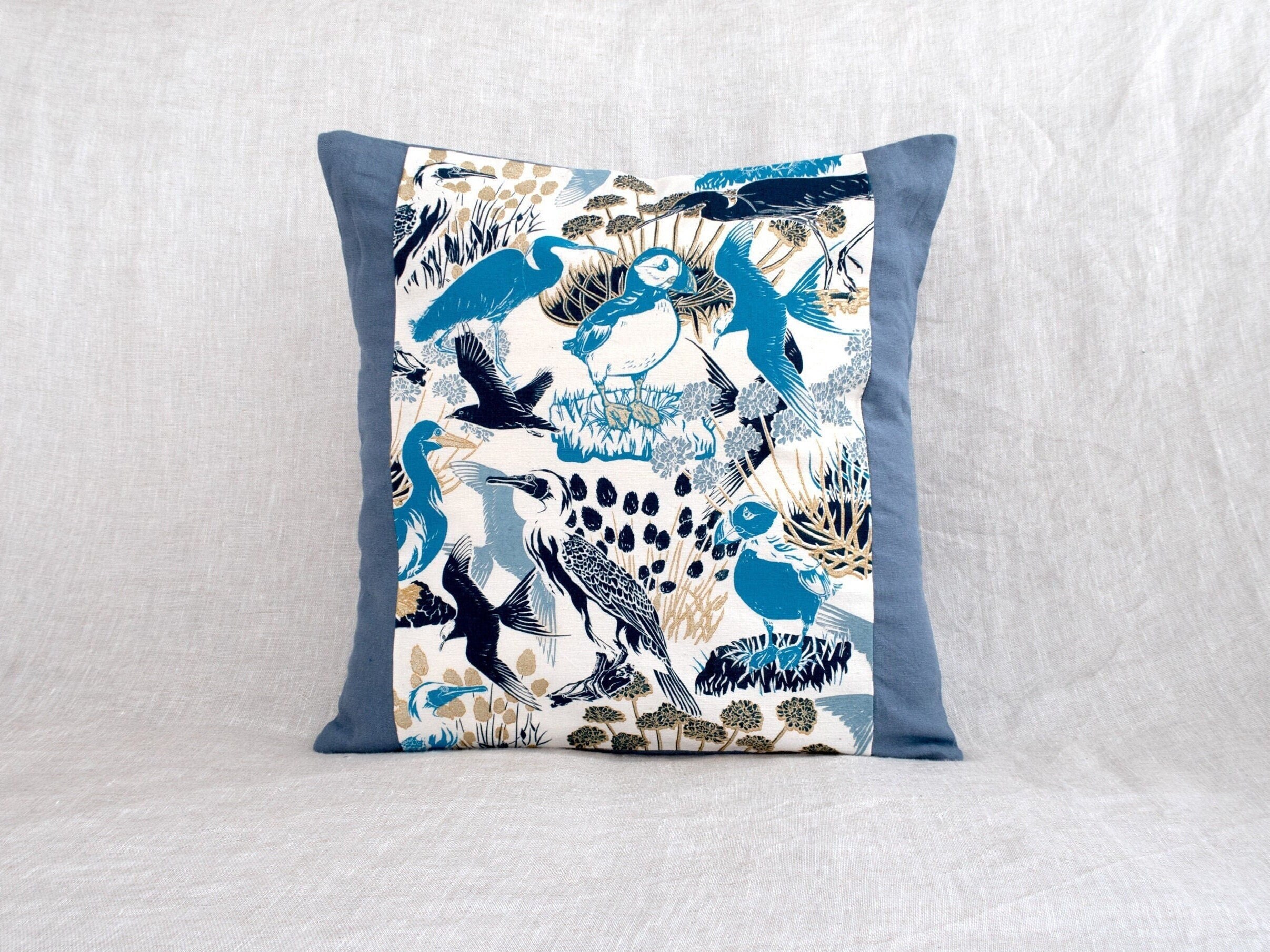 Coussin Lin Lavé Bleu Clair Fait-Main Coussin Carré Imprimé Motif Oiseaux Marins Macareux Goéland Co