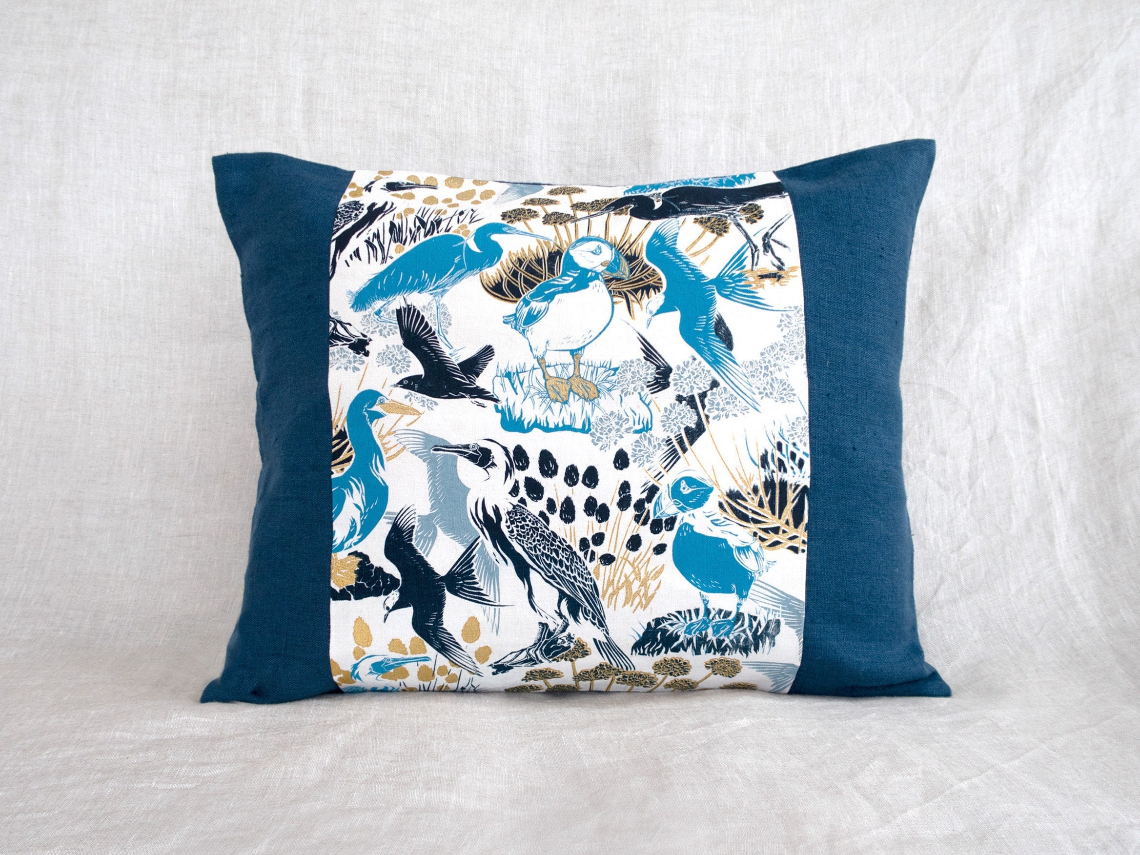 Coussin en Lin Lavé Bleu Turquoise Fabriqué à La Main Coussin Rectangle Imprimé Motif Oiseaux Mer Ma