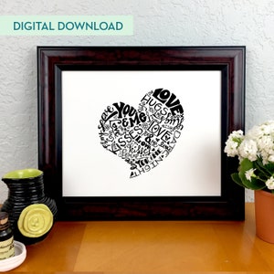 Heart full of love and kisses - Black and white Digital print - Valentine&#39;s Day - Unisex - Anniversary - For Him - For Her - Love print