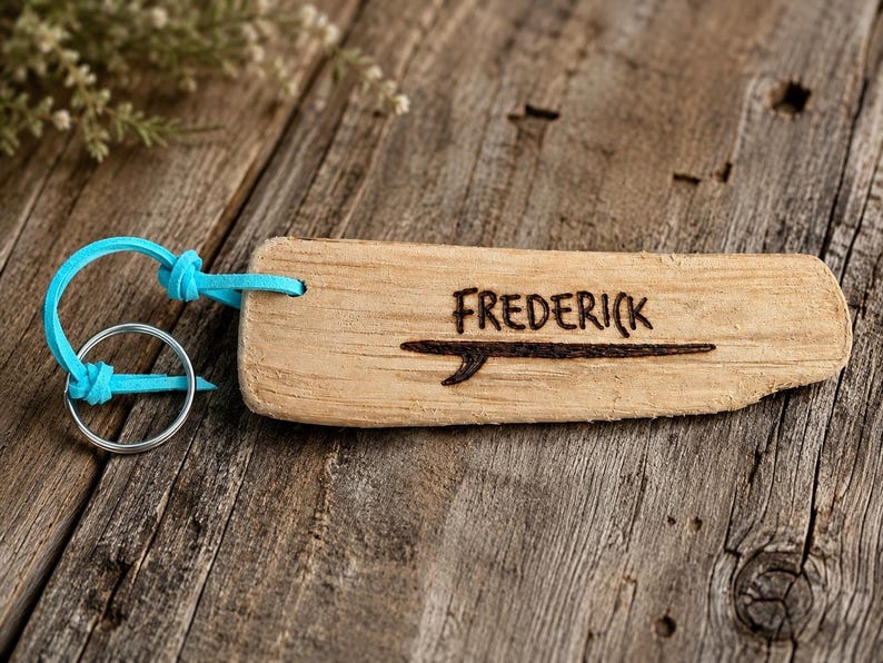 Pu&ograve; includere: Un portachiavi in legno di deriva chiaro di forma rettangolare con il nome Frederick inciso a fuoco sopra un grafico di una tavola da surf. Un cordino in pelle turchese brillante collega il legno a un anello portachiavi circolare in metallo.