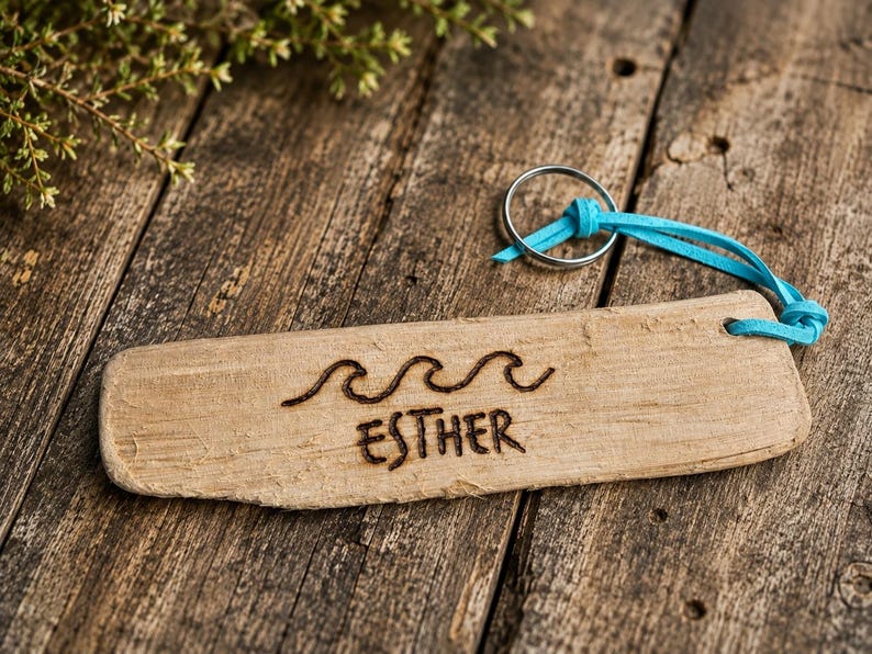Pu&ograve; includere: Un portachiavi rettangolare in legno di deriva color marrone chiaro con un disegno pirografato di tre onde oceaniche e il nome ESTHER. Un cordino in pelle turchese brillante collega il legno a un anello portachiavi circolare in metallo.