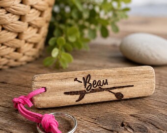 Personalised Driftwood Paddleboard Keyring, Hand-Burned Nautical Watersports Gift