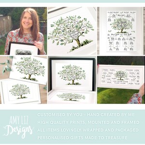 May include: A framed watercolor painting of a family tree with green leaves and white flowers. The tree is surrounded by a heart shape with the words "Grandma & Grandpa" written inside. The names of family members are written on the leaves. The painting is on a white background and is framed in a black frame.
