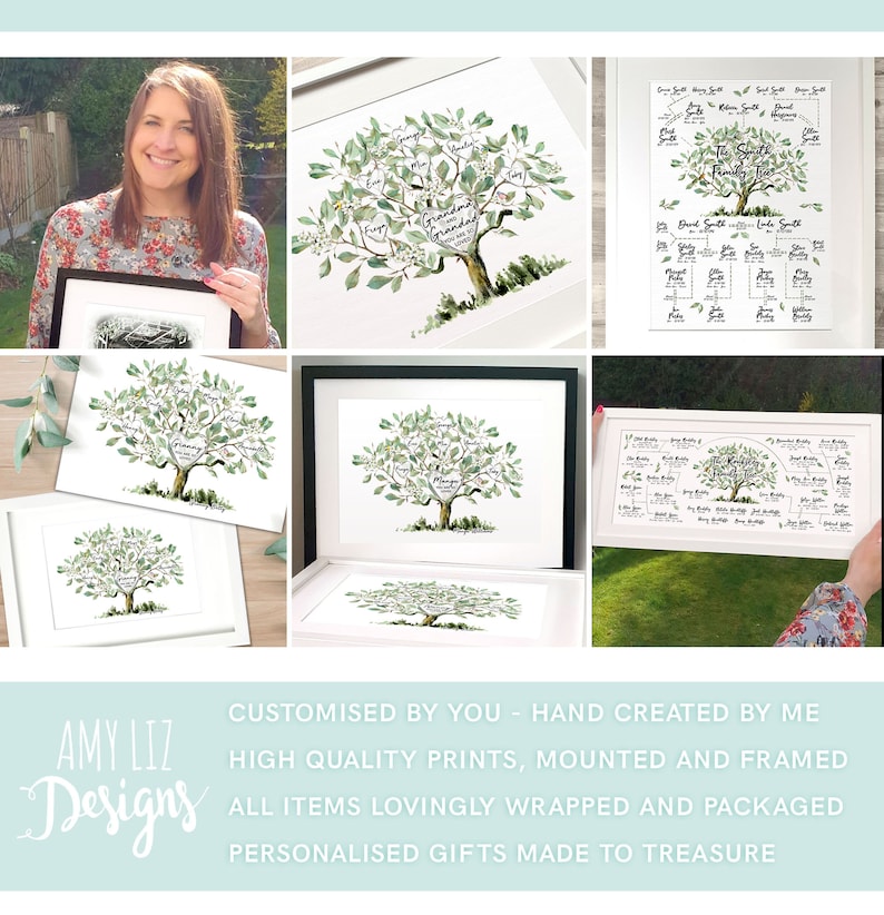 May include: A framed watercolor painting of a family tree with green leaves and white flowers. The tree is surrounded by a heart shape with the words "Grandma & Grandpa" written inside. The names of family members are written on the leaves. The painting is on a white background and is framed in a black frame.