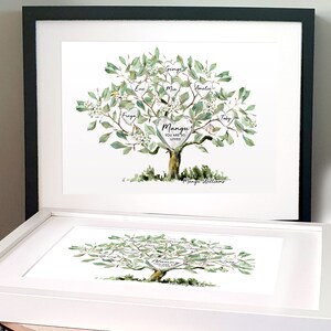 May include: A watercolor painting of a family tree with green leaves and white flowers. The tree trunk is brown and the branches are spread out. There are hearts on the branches with names written inside. The text at the bottom of the image reads "Mangu Williams".