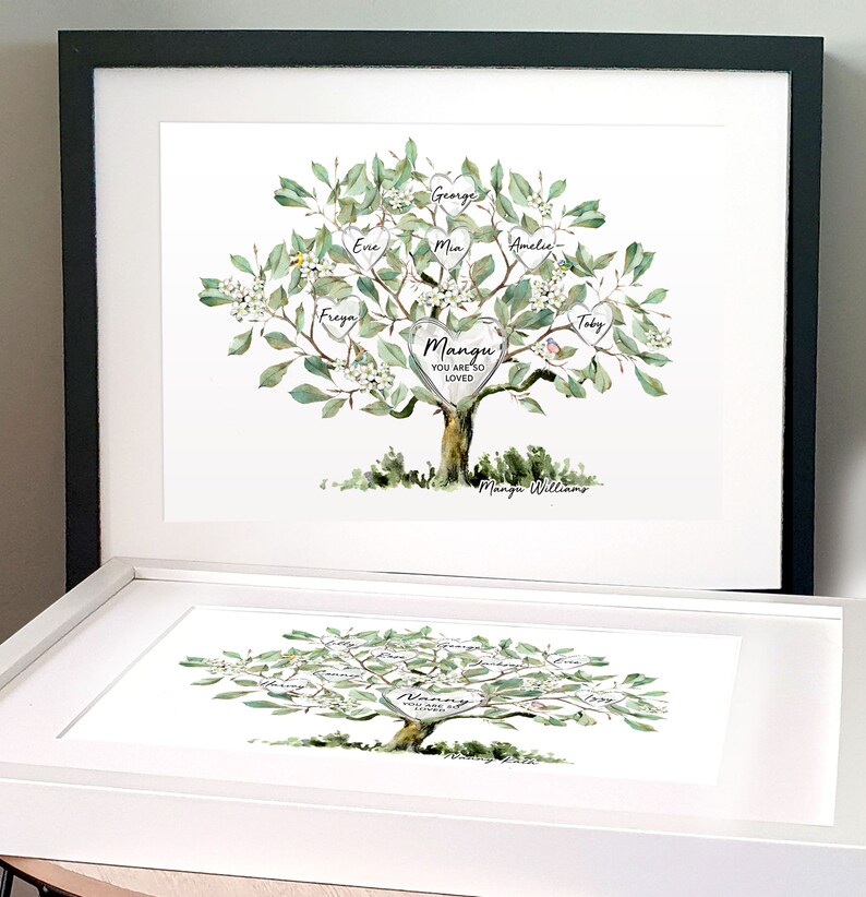 May include: A watercolor painting of a family tree with green leaves and white flowers. The tree trunk is brown and the branches are spread out. There are hearts on the branches with names written inside. The text at the bottom of the image reads "Mangu Williams".