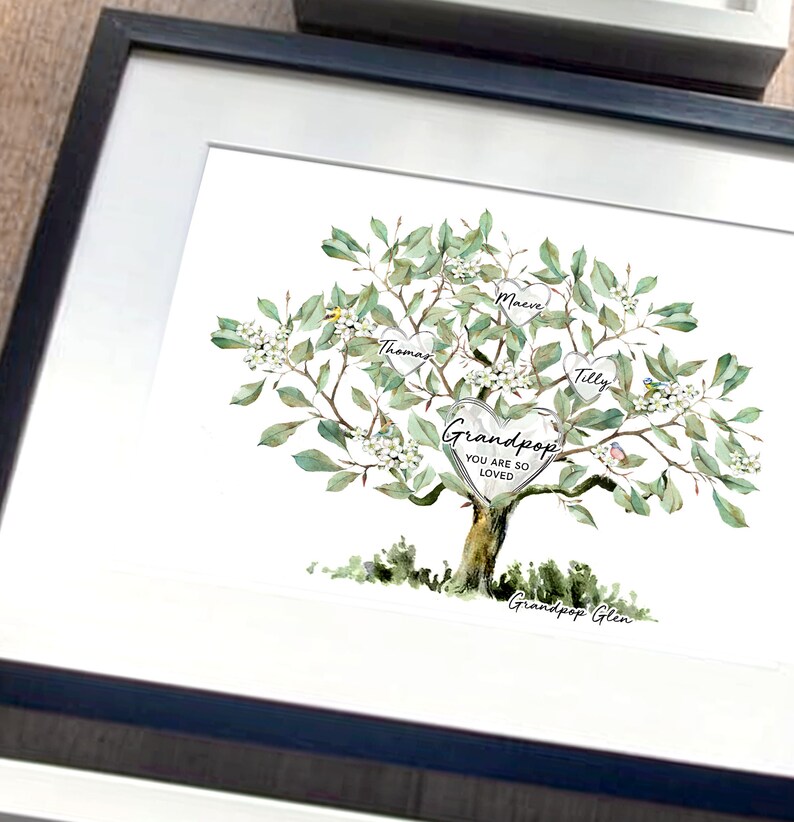 May include: A watercolor painting of a green tree with white flowers. The tree has a heart-shaped center with the text "Grandpop You Are So Loved". The tree has five smaller hearts with names on them: "Tilly", "Maeve", "Thomas", "Grandpop Glen".