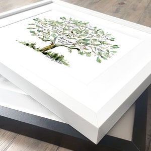 May include: A white framed watercolor painting of a green tree with white flowers and hearts. The hearts have names written on them, including "Nanny, You are so loved". The tree is on a white background with the words "Nancy Faith" written below the tree.
