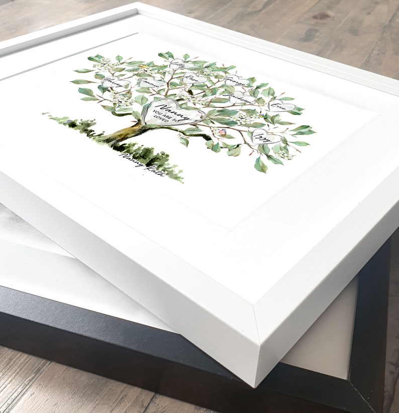 May include: A white framed watercolor painting of a green tree with white flowers and hearts. The hearts have names written on them, including "Nanny, You are so loved". The tree is on a white background with the words "Nancy Faith" written below the tree.