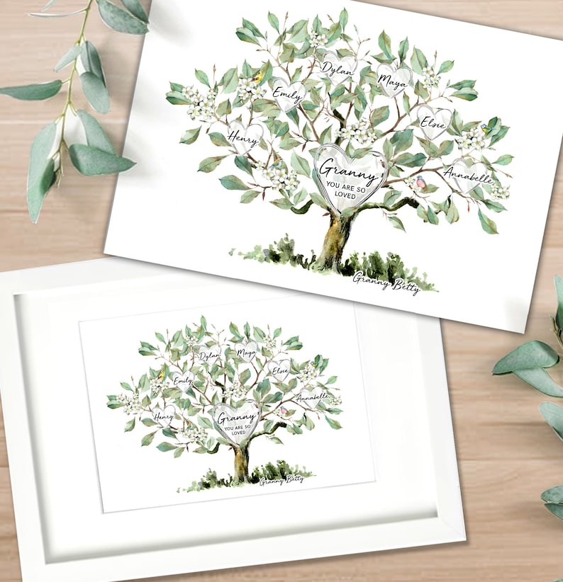 May include: A watercolor illustration of a family tree with green leaves and white flowers. The tree trunk is brown and the branches are decorated with hearts that have names written on them. The text at the bottom of the image reads "Granny Betty".