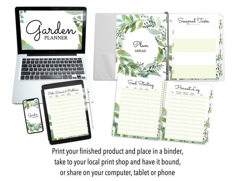 May include: A printable garden planner with a green watercolor floral design. The planner includes sections for seasonal tasks, seed starting, harvest log, and plant diseases and problems. The planner is designed to be printed and placed in a binder.