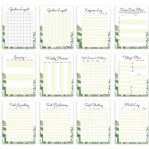 May include: Printable garden planner with 14 pages featuring a watercolor green leaf design. Pages include: Garden Layout, Expense Log, Zone Care Plan, Seasonal, Monthly Planner, Weekly Planner, Pests, Diseases & Problems, Today's Plan, Seeds & Starts, Favorite Perennials, Seed Inventory, Seed Purchasing, Seed Starting, Plant Log, and Harvest.