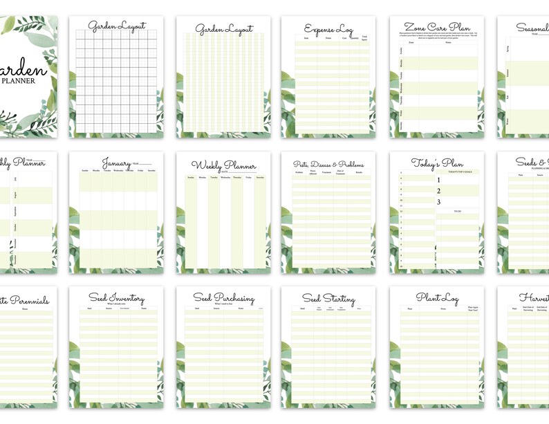 May include: Printable garden planner with 14 pages featuring a watercolor green leaf design. Pages include: Garden Layout, Expense Log, Zone Care Plan, Seasonal, Monthly Planner, Weekly Planner, Pests, Diseases & Problems, Today's Plan, Seeds & Starts, Favorite Perennials, Seed Inventory, Seed Purchasing, Seed Starting, Plant Log, and Harvest.