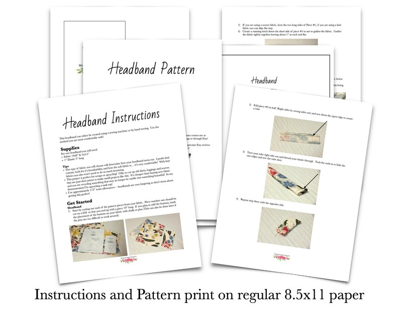 May include: A printable pattern and instructions for making a headband. The instructions include a list of supplies, a "Get Started" section, and a series of steps with images showing how to sew the headband.