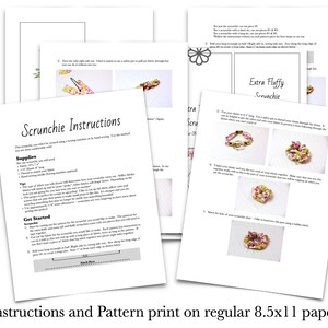 Op de afbeelding: Instructies en patroon voor het maken van een scrunchie. De instructies omvatten een lijst met benodigdheden, tips en stappen voor het maken van een scrunchie. Het patroon is voor een extra pluche scrunchie. Het patroon bevat een diagram van de scrunchie en instructies voor het naaien ervan.
