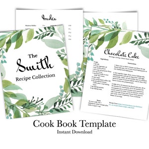 Może przedstawiać: Zielony i biały akwarelowy wzór kwiatowy z tekstem "The Smith Recipe Collection" na białym tle. Obrazek jest szablonem do książki kucharskiej.