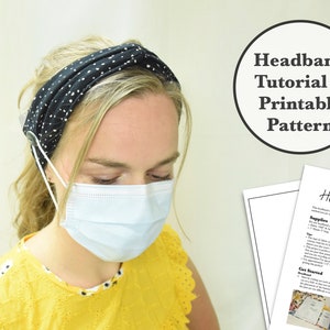 May include: A black and white polka dot headband with a white elastic strap. The headband is being worn by a person with blonde hair. The image also includes a printable pattern and instructions for making the headband.