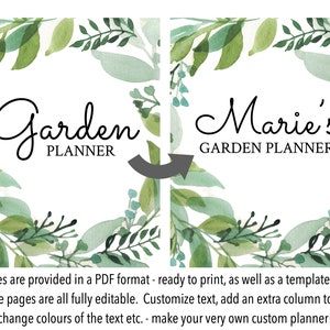 May include: A printable garden planner template with a watercolor green leafy border. The text "Garden Planner" is in black cursive font. The second image shows the same template with the text "Marie's Garden Planner" in black cursive font.