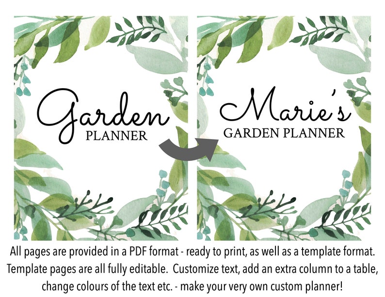 May include: A printable garden planner template with a watercolor green leafy border. The text "Garden Planner" is in black cursive font. The second image shows the same template with the text "Marie's Garden Planner" in black cursive font.