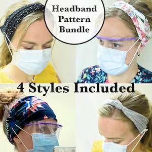 May include: Four different styles of headbands with face mask straps. The headbands are made of fabric and come in a variety of colors and patterns. The text "Headband Pattern Bundle" and "4 Styles Included" is visible in the image.